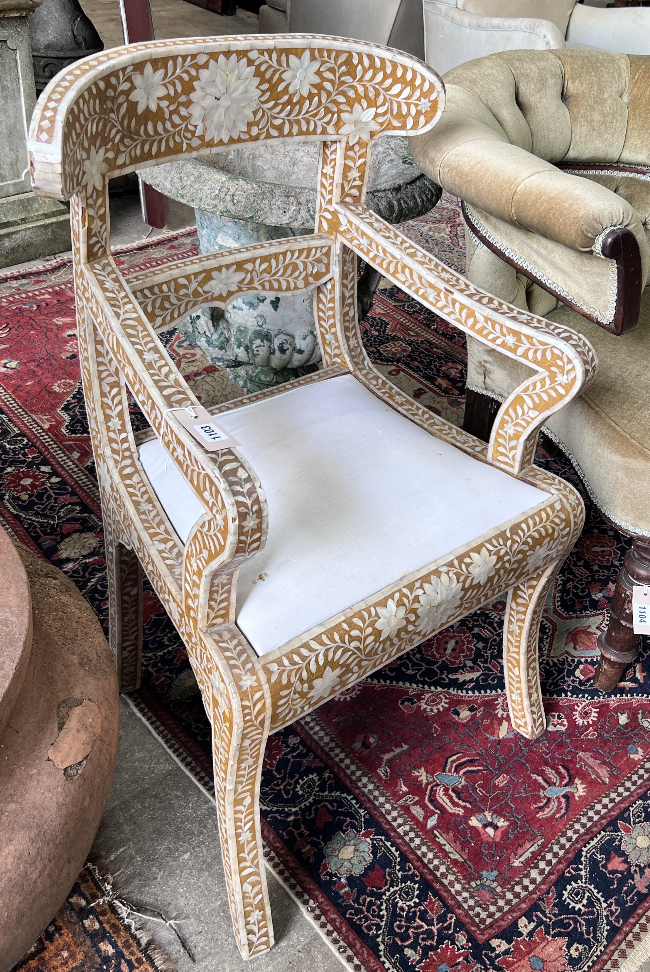 A Regency style faux mother of pearl inlaid elbow chair, width 56cm, height 89cm